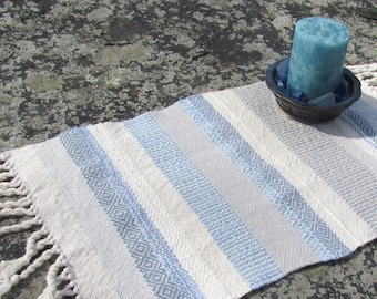 Spiritual Serenity Meditation Altar Cloth Table Mat, Handmade Artisan Woven Light Blue & White, Zen, Feng Shui Air and Water Elements Decor