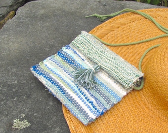 Small Crossbody Bag Wallet Phone Purse, Handmade Woven Eco Recycled Upcycled Fabric, Seaglass Blue Green Zero Waste Cloth Shoulder Hand Bag