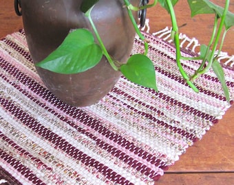 Rustic Woven Cloth Table Centerpiece Mat, Feng Shui Altar Mat Square in Burgundy Wine Rose Pink Cranberry Red, Hygge Primitive Holiday Decor