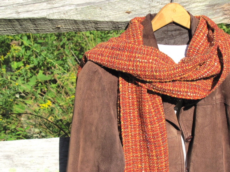 Etsy's Pick Copper Gold Burnt Orange Scarf, Artisan Hand Woven Oversized Long Mens Womens Autumn Colors Fire Element Spiritual Gift image 4