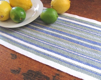 Blue Yellow Green Stripe Cotton Table Runner, Coastal Beach Modern Farmhouse Rustic French Country Artisan Woven Kitchen Dining Centerpiece