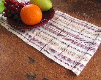 Cranberry Red & Gold Plaid Table Runner Cloth Centerpiece Mat, Artisan Woven Autumn Fall Harvest Winter Holiday Modern Farmhouse Home Decor