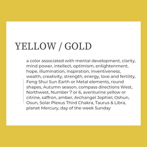 Text box reads 'YELLOW / GOLD' associated with mental development, clarity, mind power, intellect, optimism, enlightenment, hope, illumination, inspiration, inventiveness, wealth, creativity, strength, energy, love and fertility, Feng Shui Sun Earth or Metal elements, round shapes, Autumn season, compass directions West, Northwest, Number 7 or 6, aventurine yellow, citrine, saffron, amber, Archangel Jophiel, Oshun, Osun, Solar Plexus Third Chakra, Taurus & Libra, planet Mercury, day Sunday.