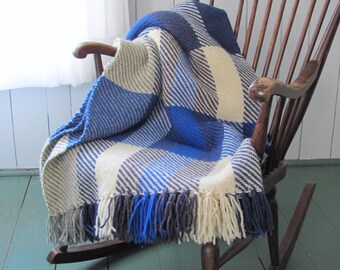 Ocean Blue Plaid Wool Bed or Couch Throw Blanket, Artisan Hand Woven for Hygge Rustic Cabin or Modern Seaside Nautical Coastal Beach House