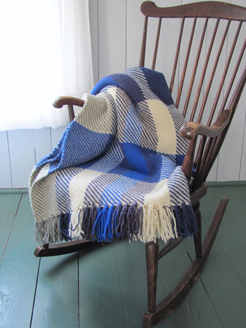 Ocean Blue Plaid Wool Bed or Couch Throw Blanket, Artisan Hand Woven for Hygge Rustic Cabin or Modern Seaside Nautical Coastal Beach House image 1