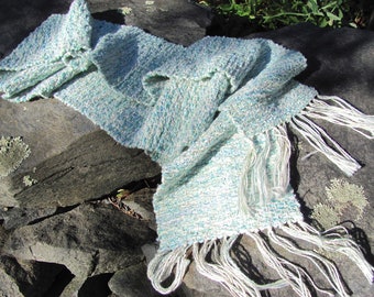 Turquoise Blue Sea Green Cotton Blend Scarf, Artisan Hand Woven Om Yoga Zen Spiritual Meditation, Spring Beach Cottage or Cabin Slow Fashion