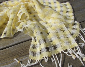 Sunny Pale Lemon Yellow White Cotton Scarf, Artisan Handmade Hand Woven Spring Summer Long Narrow Light Lacy Womens Clothing, Made in USA
