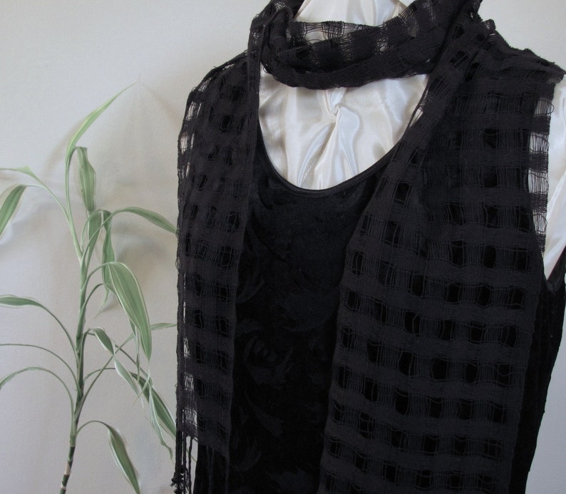 Etsy's Pick Jet Black Cotton Scarf, Artisan Handmade Hand Woven Lightweight Lattice Lace Weave, Unisex for Men or Women image 5