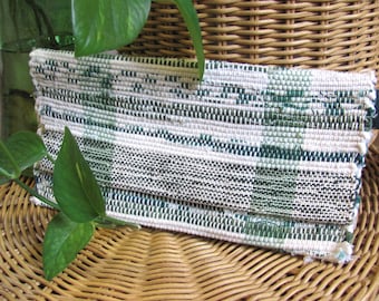 Eco Recycled Fabric Envelope Purse, Artisan Handmade Woven Green Clutch Wallet, Boho Upcycled Cloth Hand Bag for Jewelry Phone Travel Makeup