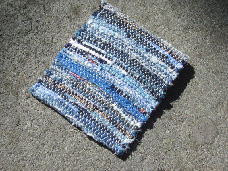 Boho Wallet Small Coin Purse, Blue Eco Recycled Handmade Vegan Keepsake Amulet Crystal Pouch, Upcycled Woven Cloth Jewelry Money Key ID Bag image 8