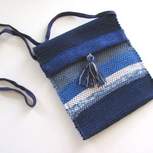 Small Crossbody Bag Wallet or Phone Purse is Handmade, Artisan Hand Woven in Indigo Navy Blue with Zero Waste, Eco Friendly Upcycled Cloth, Vegan Recycled Fabric. This Sustainable Slow Fashion Accessory Handbag, Boho Cash Change Pouch or Money Shoulder Pouch is Handcrafted by Amy C. Lund.