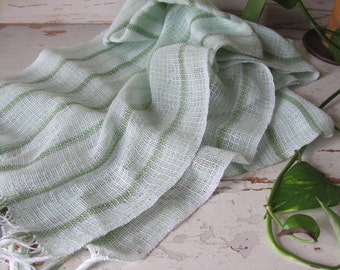 Etsy's Pick! Jade Serenity Green & White Artisan Woven Cotton Scarf, Lacy Light Spring Summer Wrap Shawl for Renewal Growth Spiritual Prayer