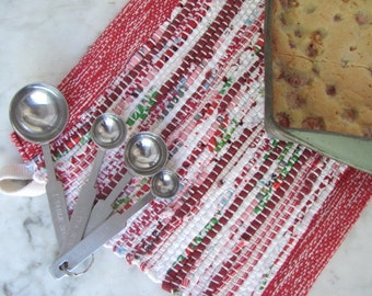 Gourmet Gifts, Red Cotton Kitchen Pot Holder, Modern Hot Pad Mat, Artisan Handmade Woven Eco Recycled Cloth Kitchenware Baking Cooking Gift