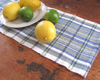 Blue Green Plaid Table Runner, Artisan Woven Cotton Modern Farmhouse Coastal Beach House Rustic French Country Cottage Home Decor Table Mat