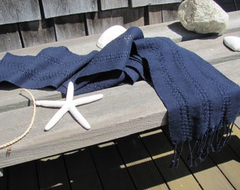 Ocean Tranquility Indigo Navy Blue Cotton Scarf, Mens Womens Handmade Woven Lace Stripe Scarf, Zen Feng Shui Water Element Chakra Gift