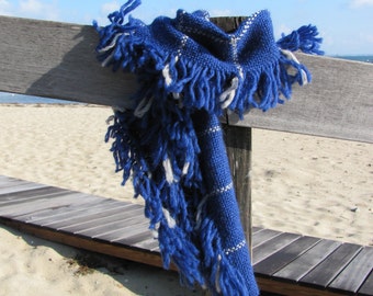Chunky Ocean Blue Wool Scarf, Thick Cozy Artisan Handmade Woven Fringed Scarf, Winter Hygge Modern Urban Rustic Unisex Mens Womens Accessory