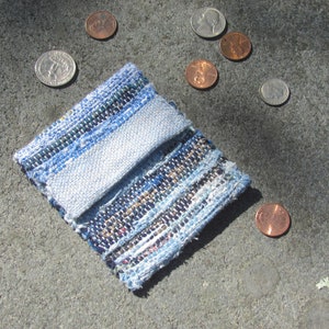 Boho Wallet Small Coin Purse, Blue Eco Recycled Handmade Vegan Keepsake Amulet Crystal Pouch, Upcycled Woven Cloth Jewelry Money Key ID Bag image 1
