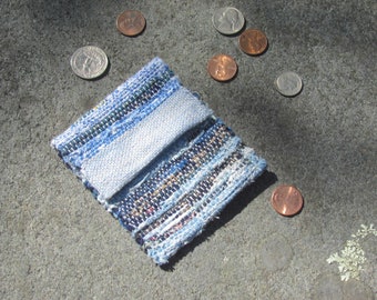 Boho Wallet Small Coin Purse, Blue Eco Recycled Handmade Vegan Keepsake Amulet Crystal Pouch, Upcycled Woven Cloth Jewelry Money Key ID Bag