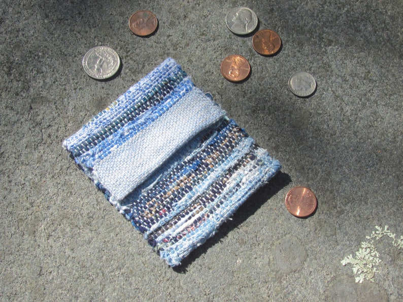 Boho Wallet Small Coin Purse, Blue Eco Recycled Handmade Vegan Keepsake Amulet Crystal Pouch, Upcycled Woven Cloth Jewelry Money Key ID Bag image 1