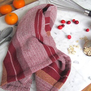 Gourmet Baking Gift, Handmade Artisan Woven Cranberry Red Kitchen Dish Towel in Herringbone Stripe Cotton for Chef, Foodie, Cook, Baker image 5