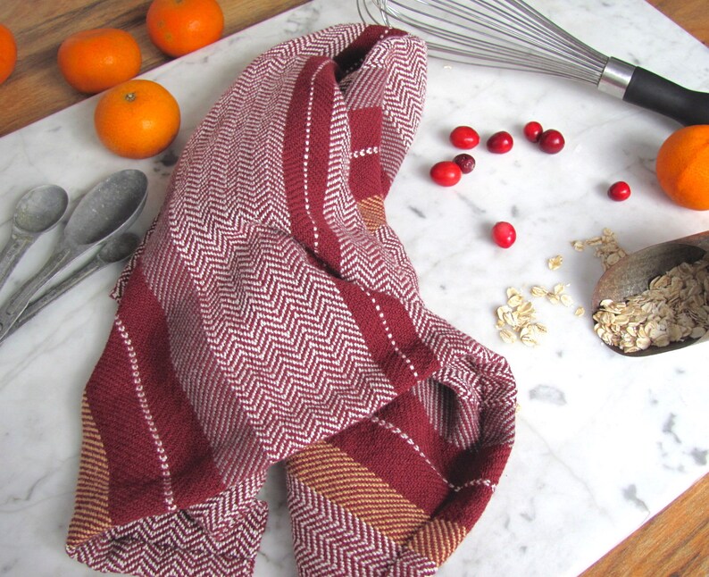 Gourmet Baking Gift, Handmade Artisan Woven Cranberry Red Kitchen Dish Towel in Herringbone Stripe Cotton for Chef, Foodie, Cook, Baker image 5