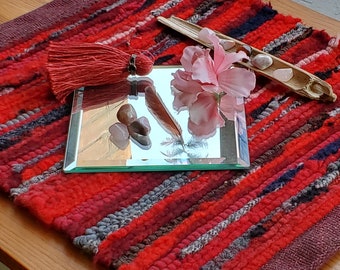 Radiant Fire Red Woven Altar Table Mat, Recycled Wool Cloth Centerpiece, Artisan Handmade Woven Upcycled Fabric, Feng Shui Elemental Decor