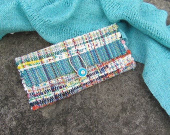 Small Boho Wallet Phone Case, Vegan Recycled Fabric Clutch Purse, Handmade Turquoise Blue Woven Eco Friendly Zero Waste Upcycled Cloth Pouch