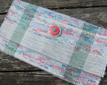 Upcycled Fabric Clutch Wallet, Boho Recycled Cloth Purse, Pastel Wristlet Hand Bag, Handmade Hand Woven Sustainable Eco Vegan Accessory
