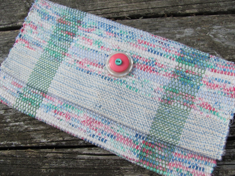 Upcycled Fabric Clutch Wallet, Boho Cloth Purse Pastel Wristlet Hand Bag, Handmade Hand Woven Zero Waste Sustainable Eco Vegan Recycled Accessories, Travel Jewelry Phone Pouch, Casual Spring or Summer Slow Fashion Accessory Handcrafted by Amy C. Lund in Pastel Pink, Green, Blue and Cream White with Button Accent.