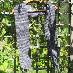 Indigo Serenity Scarf for Yoga, Zen Meditation or Prayer, Artisan Handmade Hand Woven in Lace Stripe Navy Blue, Olive & Khaki Cotton image 6