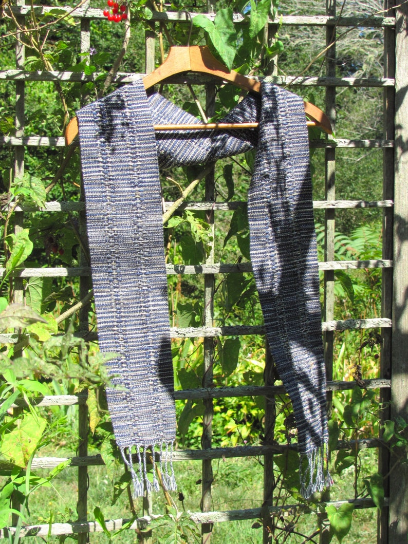 Indigo Serenity Scarf for Yoga, Zen Meditation or Prayer, Artisan Handmade Hand Woven in Lace Stripe Navy Blue, Olive & Khaki Cotton image 6