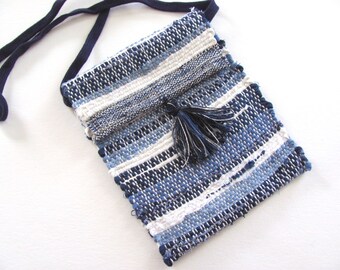 Eco Small Recycled Fabric Crossbody Wallet Phone Purse, Handmade Woven Indigo Blue Upcycled Cloth Pouch, Vegan Cross Body Shoulder Bag