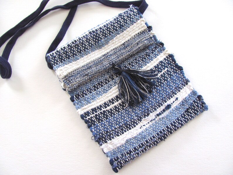 Eco Small Recycled Fabric Crossbody Wallet Phone Purse, Handmade Woven Indigo Blue Upcycled Cloth Pouch, Vegan Cross Body Shoulder Bag image 1