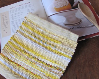 Sunny Yellow Kitchen Hot Pad, Cotton Hot Mat, Upcycled Fabric Pot Holder, Artisan Handmade Woven Eco Zero Waste Recycled Cloth Cooking Gift