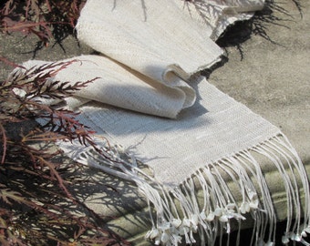 Zen Serenity Scarf, Artisan Handmade Woven in Natural Cream White Linen Cotton for Prayer or Meditation, Wabi Sabi, Feng Shui, Om Yoga Gift