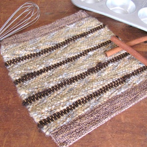 Handmade Artisan Hand Woven Wool Pot Holder, Gourmet Eco Friendly Cookware in Beige & Chocolate Brown, Kitchen, Foodie, Baking, Cooking Gift image 1