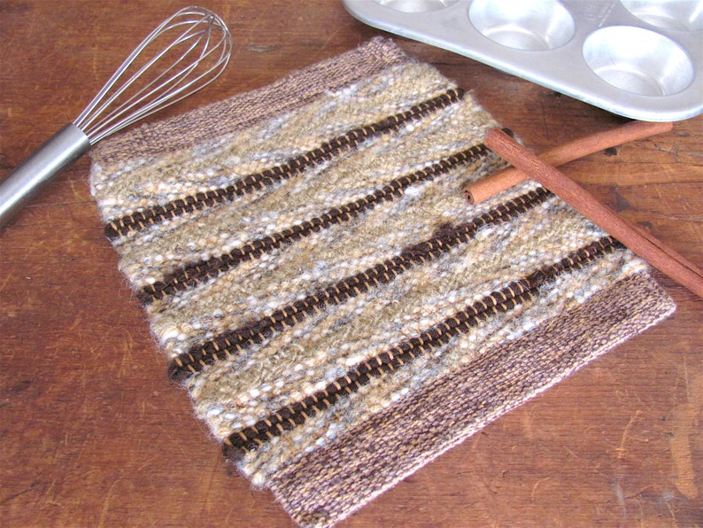 Handmade Artisan Hand Woven Wool Pot Holder, Gourmet Eco Friendly Cookware in Beige & Chocolate Brown, Kitchen, Foodie, Baking, Cooking Gift image 1