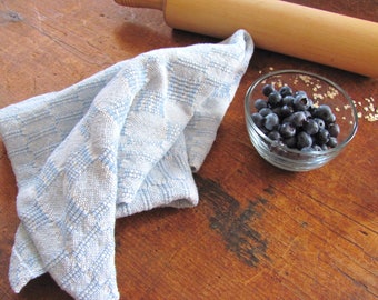 Hand Woven Kitchen Dish Towel, Handmade in Light Blue & White Cotton for Coastal Seaside Beach or Rustic French Country Modern Farmhouse