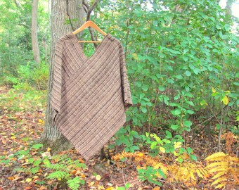Rustic Woodland Zen Grounding Hand Woven Poncho Cloak, Boho Handmade Om Yoga Clothing Wrap Pullover Top in Earth Beige, Brown, Black & Gray