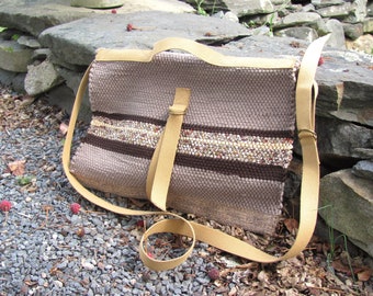 Zero Waste Upcycled Fabric Messenger Bag, Handmade Crossbody Shoulder Book Artist Satchel, Eco Recycled Cloth Woven in Stone Gray Brown Gold