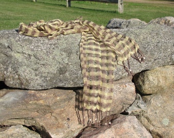 Sunlit Serenity Lightweight Cotton Scarf, Handmade Artisan Hand Woven Pale Buttercream Yellow & Earthy Brown Delicate Lattice Lace Accessory