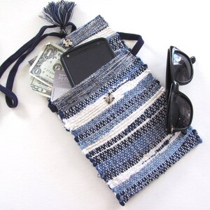 Eco Small Recycled Fabric Crossbody Wallet Phone Purse, Handmade Woven Indigo Blue Upcycled Cloth Pouch, Vegan Cross Body Shoulder Bag image 6