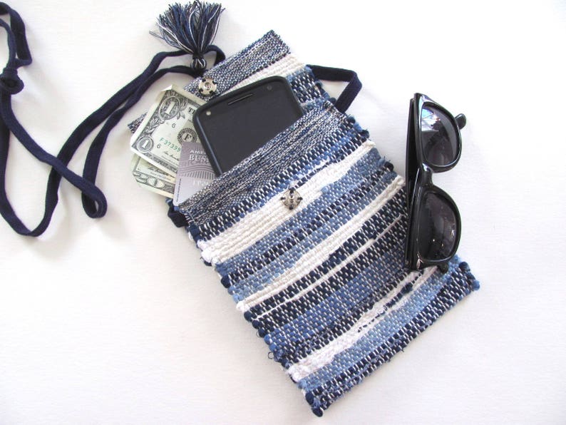 Eco Small Recycled Fabric Crossbody Wallet Phone Purse, Handmade Woven Indigo Blue Upcycled Cloth Pouch, Vegan Cross Body Shoulder Bag image 6