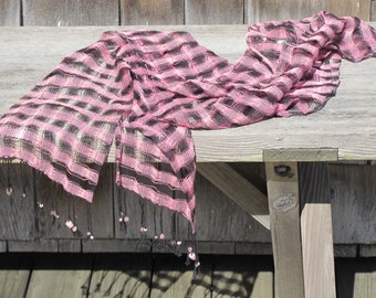 Spring Summer Scarf, Artisan Hand Woven Coral Pink & Black Lacy Cotton Scarf, Evening Casual Boho Urban Beach Cottage Fashion Accessory