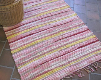 Etsy's Pick! Pink Yellow Sunrise Wool Rag Rug, Artisan Hand Woven Modern Rustic Coastal Cottage Antique Farmhouse Country Cabin Decor Mat