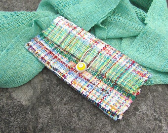 Eco Upcycled Fabric Clutch Wallet, Handmade Artisan Hand Woven Recycled Cloth Purse, Smart Phone Pouch, Sustainable Style Soft Eyeglass Case