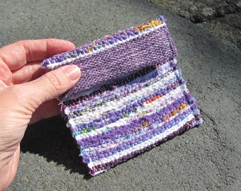Eco Friendly Recycled Cloth Wallet, Small Coin Purse, Handmade Purple Upcycled Woven Fabric Pouch for Crystals, Amulet, ID, Jewelry, Keys