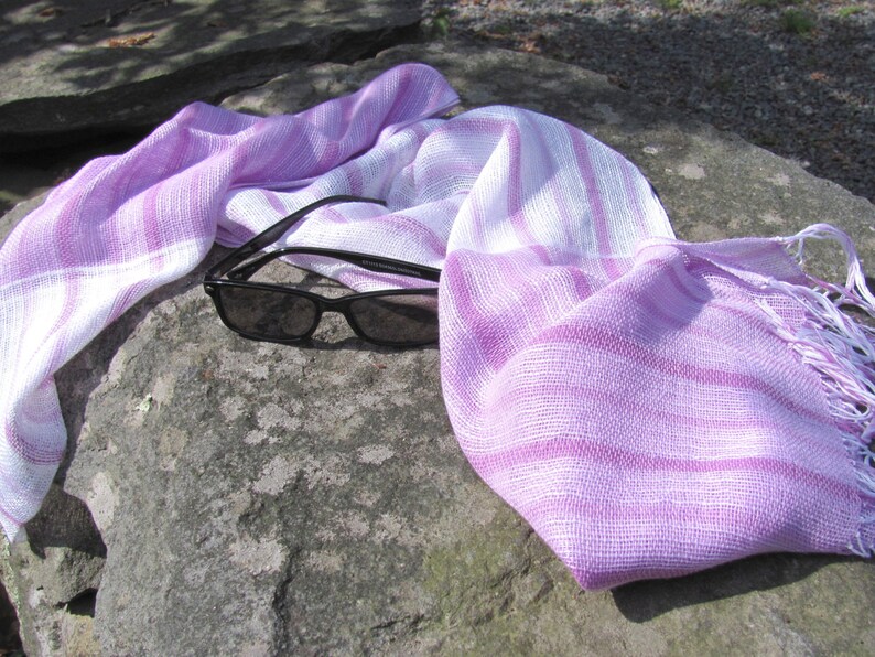 Calm Serenity Light Pink White Cotton Scarf, Artisan Handmade Woven Long Lightweight Spring Summer Wrap for Spiritual Prayer, Om Meditation image 1