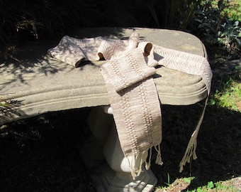 Zen Serenity Sandy Beige Brown Scarf, Artisan Handmade Hand Woven in Lace Stripe Light Cotton, Simple Coastal Beach Style by Amy C Lund