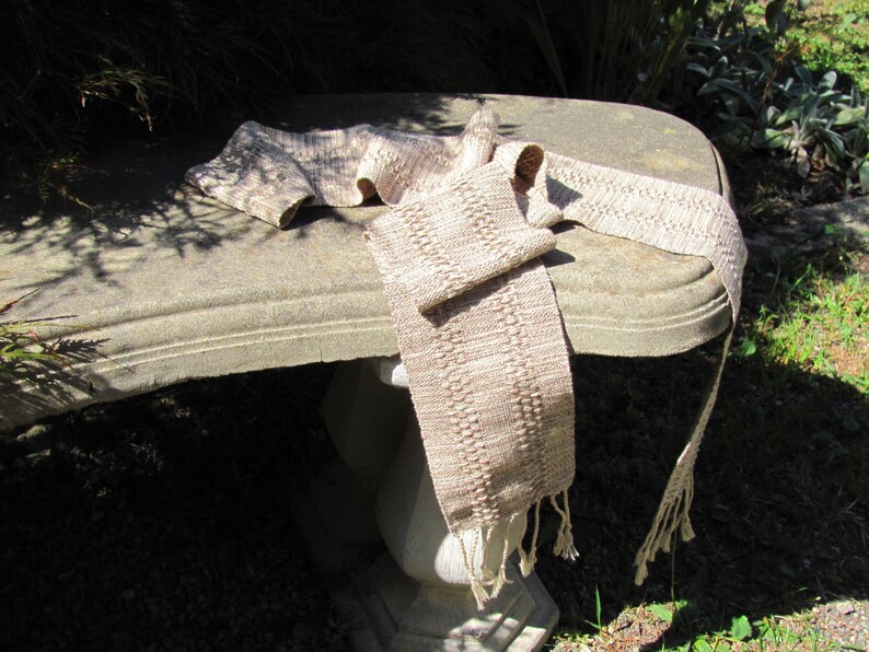 Zen Serenity Sandy Beige Brown Scarf, Artisan Handmade Hand Woven in Lace Stripe Light Cotton, Simple Coastal Beach Style by Amy C Lund image 1